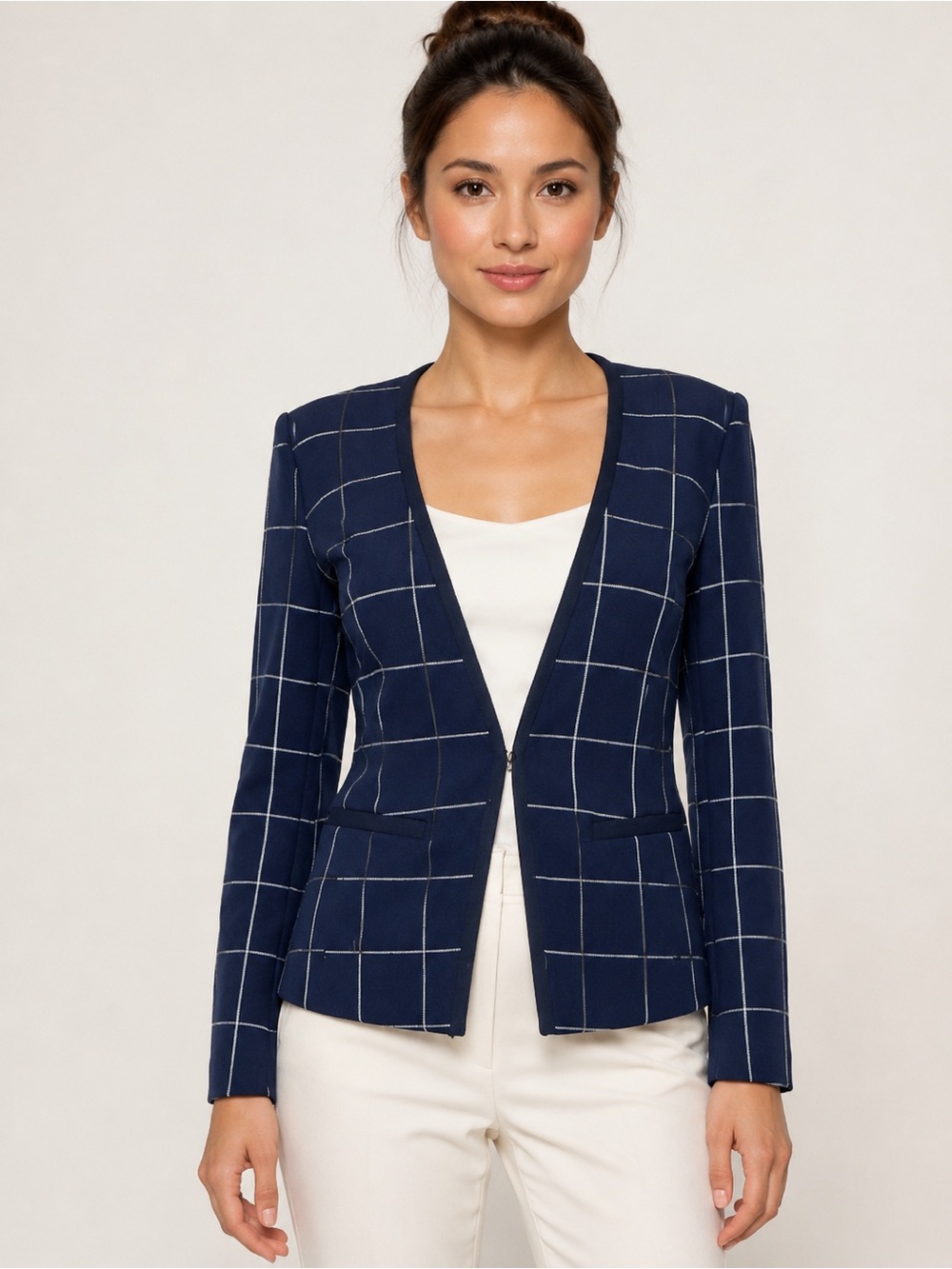Trina Turk Jarred Navy Windowpane Collarless Blazer Jacket Size 2 NWT